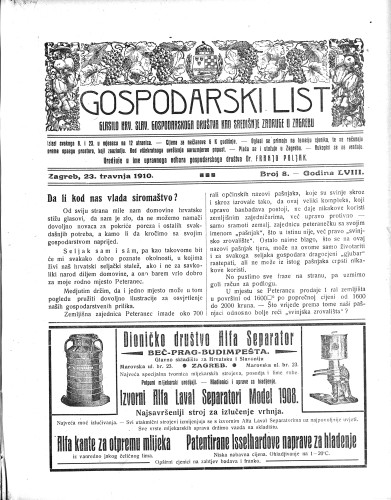 Gospodarski list : organ hrv.-slav. gospodarskoga družtva : 58,8(1910) / uredjuje u ime upravnoga odbora gospodarskoga društva Dr. Franjo Poljak.