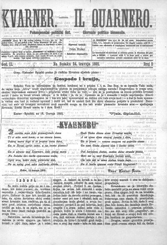 Kvarner : polumjesečni politički list = Il Quarnero : giornale politico bimensile : 2,2(1892) / odgovorni urednik, redattore risponsabile Rudolf Desselbrunner.