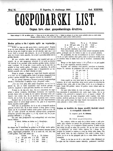 Gospodarski list : organ hrv.-slav. gospodarskoga družtva : 38,21(1890) / uredjuje u ime upravlj. odbora gospod. družtva Fran Kuralt.