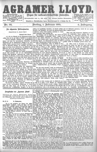 Agramer Lloyd  : organ für volkswirtschaftliche Interessen : 4,92(1901) / verantwortlicher Redacteur E. L. Blau.