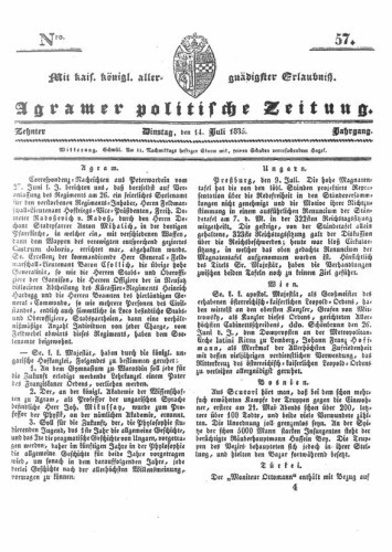 Agramer politische Zeitung : 10,57(1835) / Verlager und Redacteur Franz Stauduar und Ferd. Rosenau.