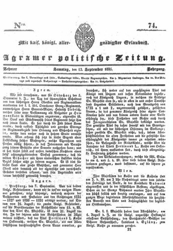 Agramer politische Zeitung : 10,74(1835) / Verlager und Redacteur Franz Stauduar und Ferd. Rosenau.