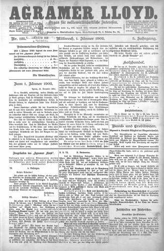 Agramer Lloyd  : organ für volkswirtschaftliche Interessen : 5,125(1902) / verantwortlicher Redacteur E. L. Blau.