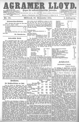Agramer Lloyd  : organ für volkswirtschaftliche Interessen : 4,121(1901) / verantwortlicher Redacteur E. L. Blau.