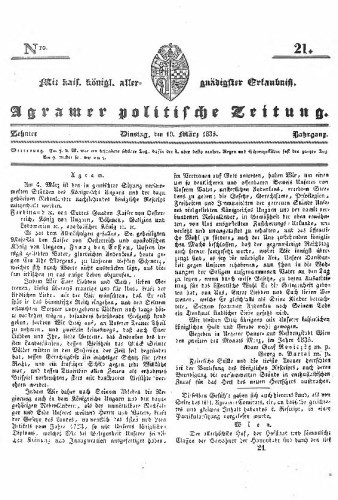 Agramer politische Zeitung : 10,21(1835) / Verlager und Redacteur Franz Stauduar und Ferd. Rosenau.