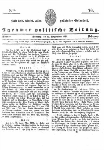 Agramer politische Zeitung : 10,76(1835) / Verlager und Redacteur Franz Stauduar und Ferd. Rosenau.