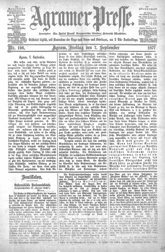 Agramer Presse  : 1,196(1877) / verantwortlicher Redakteur Heinrich Wachsler.