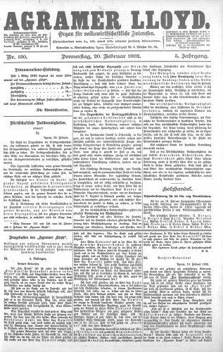 Agramer Lloyd  : organ für volkswirtschaftliche Interessen : 5,130(1902) / verantwortlicher Redacteur E. L. Blau.