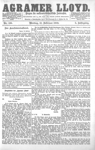 Agramer Lloyd  : organ für volkswirtschaftliche Interessen : 5,129(1902) / verantwortlicher Redacteur E. L. Blau.
