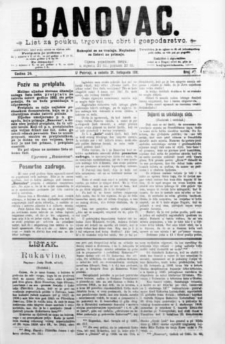 Banovac  : list za pouku, trgovinu, obrt i gospodarstvo : 24,43(1911) / odgovorni urednik Dragutin Benko.