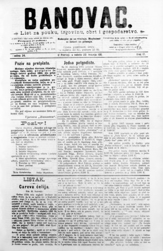 Banovac  : list za pouku, trgovinu, obrt i gospodarstvo : 24,17(1911) / odgovorni urednik Dragutin Benko.