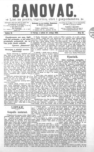 Banovac  : list za pouku, trgovinu, obrtnost i gospodarstvo : 18,22(1905) / odgovorni urednik Dragutin Benko.