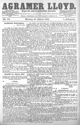 Agramer Lloyd  : organ für volkswirtschaftliche Interessen : 5,127(1902) / verantwortlicher Redacteur E. L. Blau.