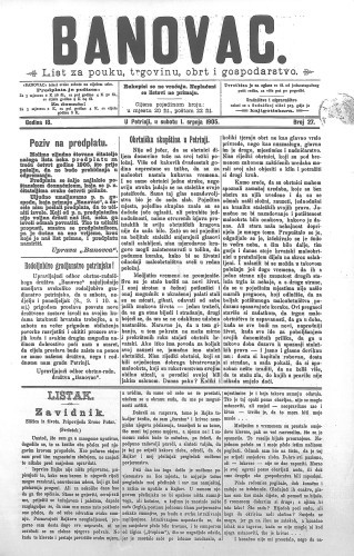 Banovac  : list za pouku, trgovinu, obrtnost i gospodarstvo : 18,27(1905) / odgovorni urednik Dragutin Benko.
