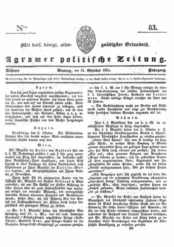 Agramer politische Zeitung : 10,83(1835) / Verlager und Redacteur Franz Stauduar und Ferd. Rosenau.