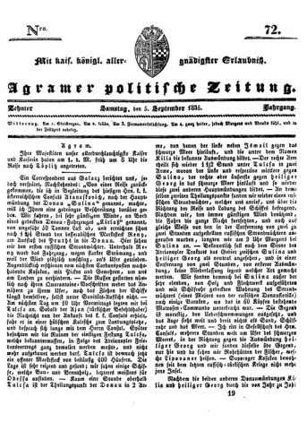 Agramer politische Zeitung : 10,72(1835) / Verlager und Redacteur Franz Stauduar und Ferd. Rosenau.