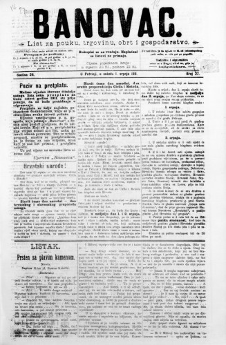 Banovac  : list za pouku, trgovinu, obrt i gospodarstvo : 24,27(1911) / odgovorni urednik Dragutin Benko.