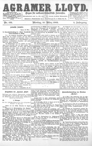 Agramer Lloyd  : organ für volkswirtschaftliche Interessen : 5,132(1902) / verantwortlicher Redacteur E. L. Blau.