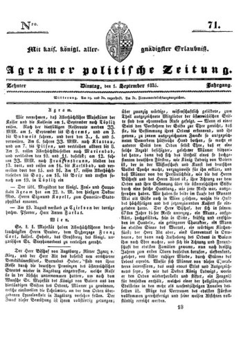 Agramer politische Zeitung : 10,71(1835) / Verlager und Redacteur Franz Stauduar und Ferd. Rosenau.