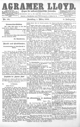 Agramer Lloyd  : organ für volkswirtschaftliche Interessen : 5,131(1902) / verantwortlicher Redacteur E. L. Blau.