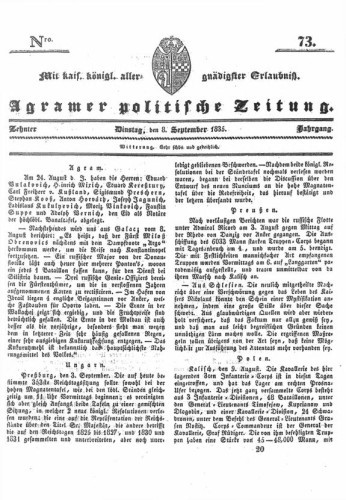 Agramer politische Zeitung : 10,73(1835) / Verlager und Redacteur Franz Stauduar und Ferd. Rosenau.