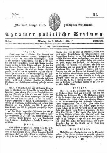 Agramer politische Zeitung : 10,81(1835) / Verlager und Redacteur Franz Stauduar und Ferd. Rosenau.
