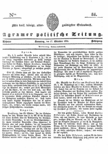 Agramer politische Zeitung : 10,84(1835) / Verlager und Redacteur Franz Stauduar und Ferd. Rosenau.