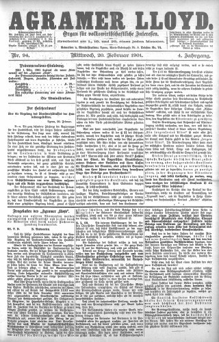 Agramer Lloyd  : organ für volkswirtschaftliche Interessen : 4,94(1901) / verantwortlicher Redacteur E. L. Blau.