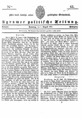 Agramer politische Zeitung : 10,62(1835) / Verlager und Redacteur Franz Stauduar und Ferd. Rosenau.
