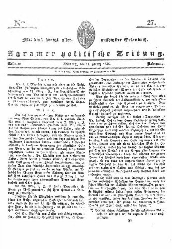 Agramer politische Zeitung : 10,27(1835) / Verlager und Redacteur Franz Stauduar und Ferd. Rosenau.