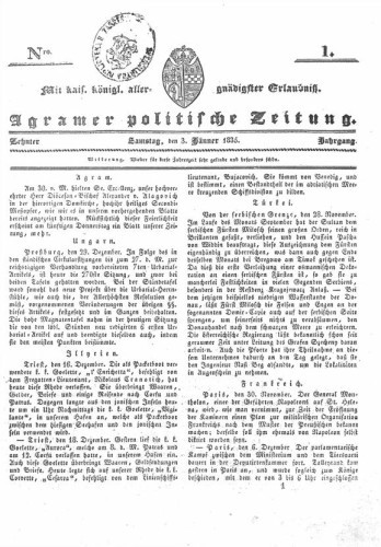 Agramer politische Zeitung : 10,1(1835) / Verlager und Redacteur Franz Stauduar und Ferd. Rosenau.