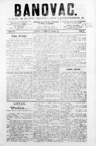 Banovac  : list za pouku, trgovinu, obrt i gospodarstvo : 24,16(1911) / odgovorni urednik Dragutin Benko.
