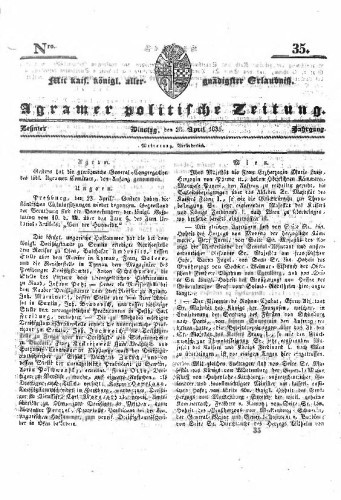 Agramer politische Zeitung : 10,35(1835) / Verlager und Redacteur Franz Stauduar und Ferd. Rosenau.