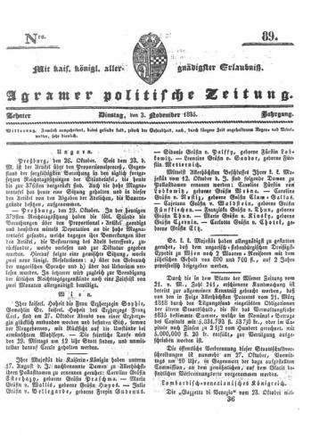 Agramer politische Zeitung : 10,89(1835) / Verlager und Redacteur Franz Stauduar und Ferd. Rosenau.
