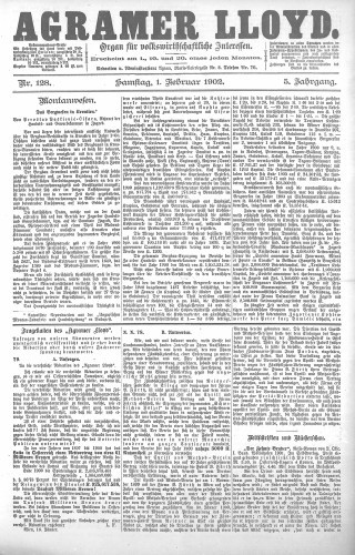 Agramer Lloyd  : organ für volkswirtschaftliche Interessen : 5,128(1902) / verantwortlicher Redacteur E. L. Blau.