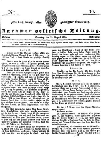 Agramer politische Zeitung : 10,70(1835) / Verlager und Redacteur Franz Stauduar und Ferd. Rosenau.