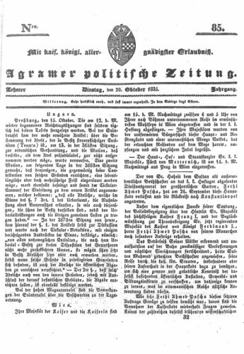 Agramer politische Zeitung : 10,85(1835) / Verlager und Redacteur Franz Stauduar und Ferd. Rosenau.