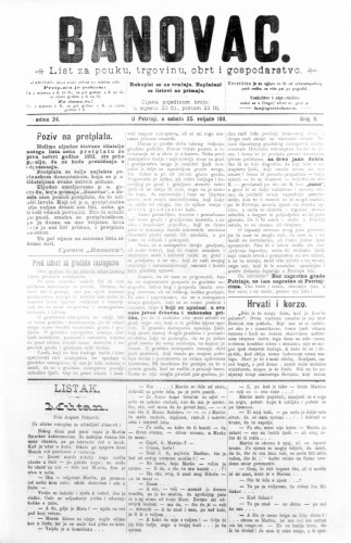 Banovac  : list za pouku, trgovinu, obrt i gospodarstvo : 24,9(1911) / odgovorni urednik Dragutin Benko.