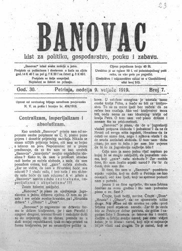 Banovac  : list za politiku, gospodarstvo, pouku i zabavu : 30,7(1919) / odgovorni urednik Mato Segher.
