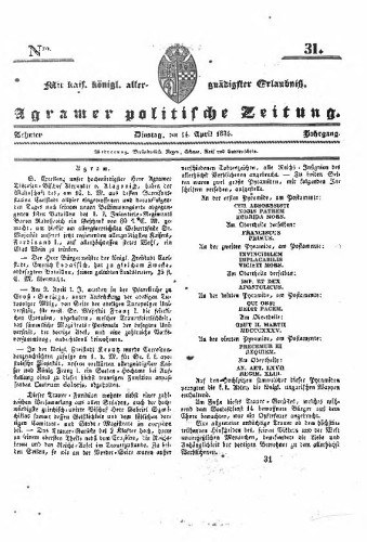 Agramer politische Zeitung : 10,31(1835) / Verlager und Redacteur Franz Stauduar und Ferd. Rosenau.