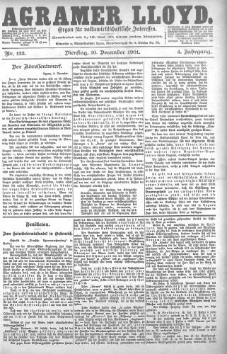 Agramer Lloyd  : organ für volkswirtschaftliche Interessen : 4,123(1901) / verantwortlicher Redacteur E. L. Blau.
