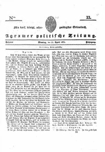 Agramer politische Zeitung : 10,33(1835) / Verlager und Redacteur Franz Stauduar und Ferd. Rosenau.