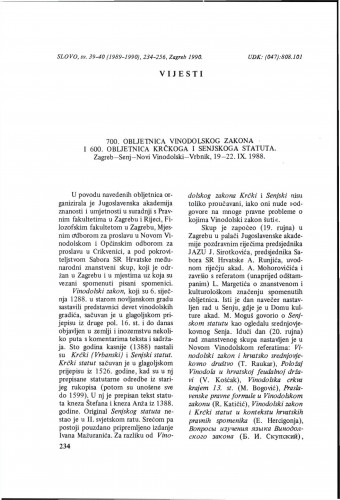 700. obljetnica Vinodolskog zakona i 600. obljetnica Krčkoga i Senjskoga statuta. Zagreb-Senj-Novi Vinodolski -Vrbnik, 19-22 IX. 1988.   / Anica Nazor