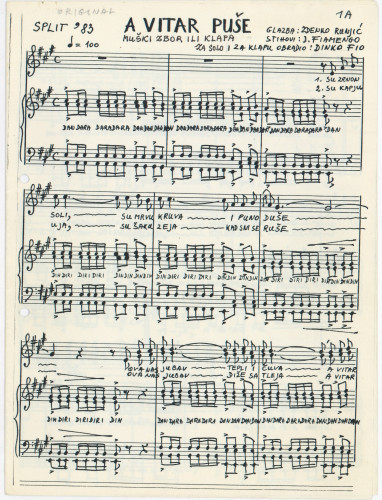 A vitar puše   : muški zbor ili klapa  / glazba Zdenko Runjić ; stihovi J. Fiamengo ; za solo i za klapu obradio Dinko Fio.