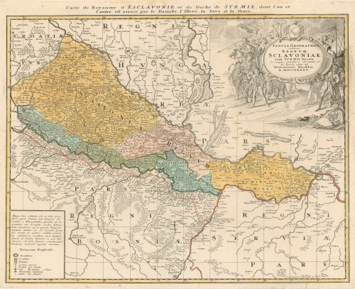 Tabula geographica exhibens regnum Sclavoniae : cum Syrmii ducatu / ex mappa grandiori desumta et in lucem edita ab Homannianis heredibus.