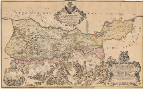 Tabula geographica nova et exacta distincte exhibens regnum Slavoniae, cum Syrmii ducatu   : quod a fluviis Savi, Illovae, Dravi et Danubii alliitur eisu provintiae conterminae sunt regnum Hungariae, Croatiae, Bosniae, Serviae i Bannatus Temesirensis  / Josephus Gadea delineavit ; iuxta recentissimam observationem Ludovici Andreae Khevenhiller.