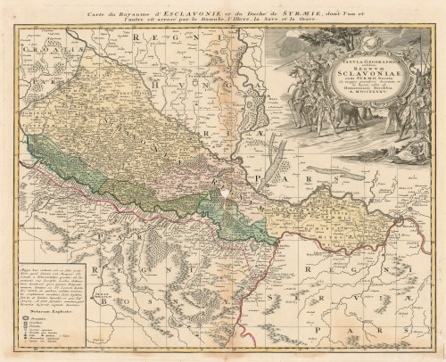 Tabula geographica exhibens regnum Sclavoniae : cum Syrmii ducatu / ex mappa grandiori desumta et in lucem edita ab Homannianis heredibus.