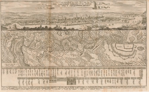 Prospect und Grundriss der Stadt Össeck wie die Türkische Armee sich dafuer verschanket und die Christliche Armee dabey in Schlachtordnung gestanden. 
