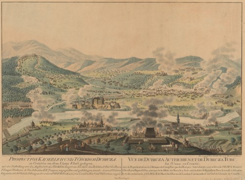 Prospect von Kayserlich und Türckisch Dubicza in Croatien an dem Unna Flus gelegen... : Vue de Dubicza Autrichien et de Dubicza Turc sur l'Unna en Croatie... / Chr. von Mechel ; Carl Schütz.