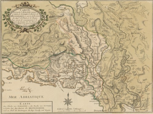 Carte de la partie d'Albanie occupée par le Bacha de Scutari, le district des Montenegrins, et partie des Territoires des Rep.ques de Venise et de Raguse   : pour servir de renseignemens à la Carte des limites des trois empires, ou théatre de la guerre presenta.
